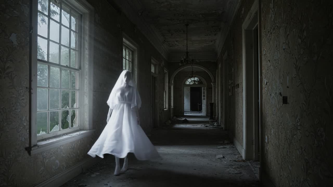 A Ghostly Apparition Haunts an Abandoned Corridor, Enveloped in the Ethereal Light Streaming Through Dusty Windows in a Decaying Mansion