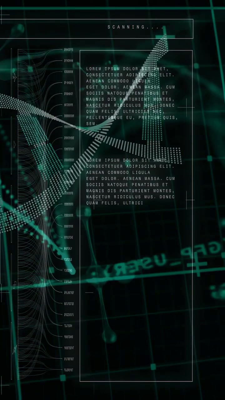Vertical video: On 'SCANNING' appearing, dotted helix sweeping panel, filling text, displaying data