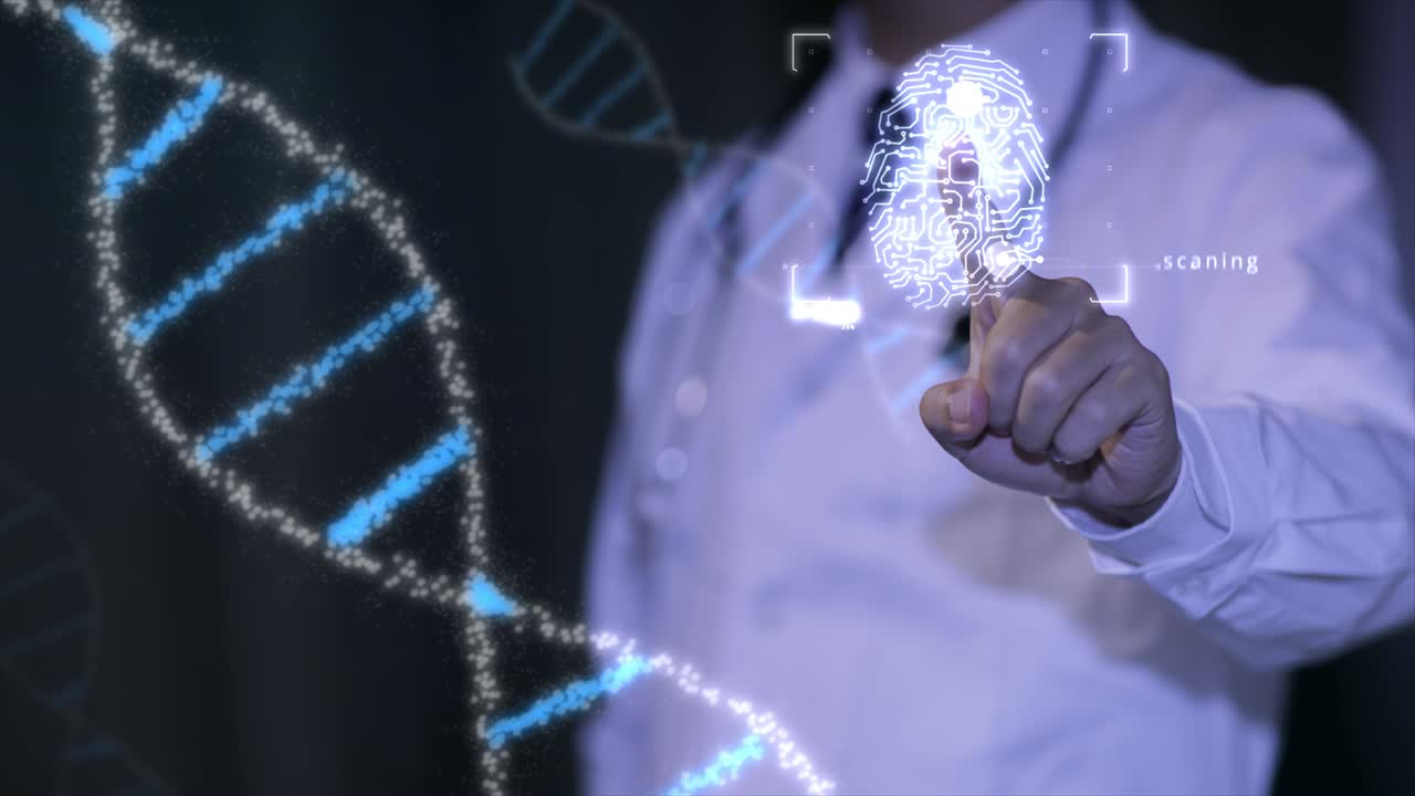 Doctor scan fingerprint biometric identity and approval. concept of the future of security and password control through fingerprints in an immersive technology future and cybernetic, business, DNA.