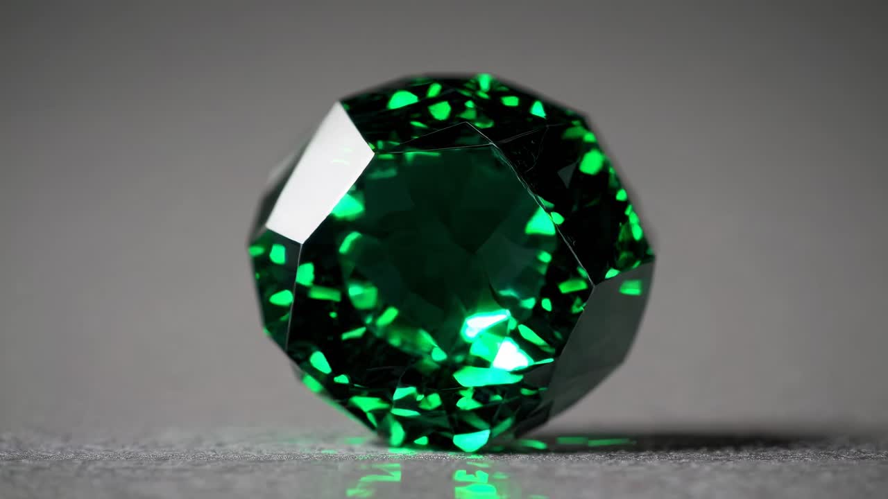 Close-up video of a faceted green gemstone on a gray surface, showcasing its reflective facets