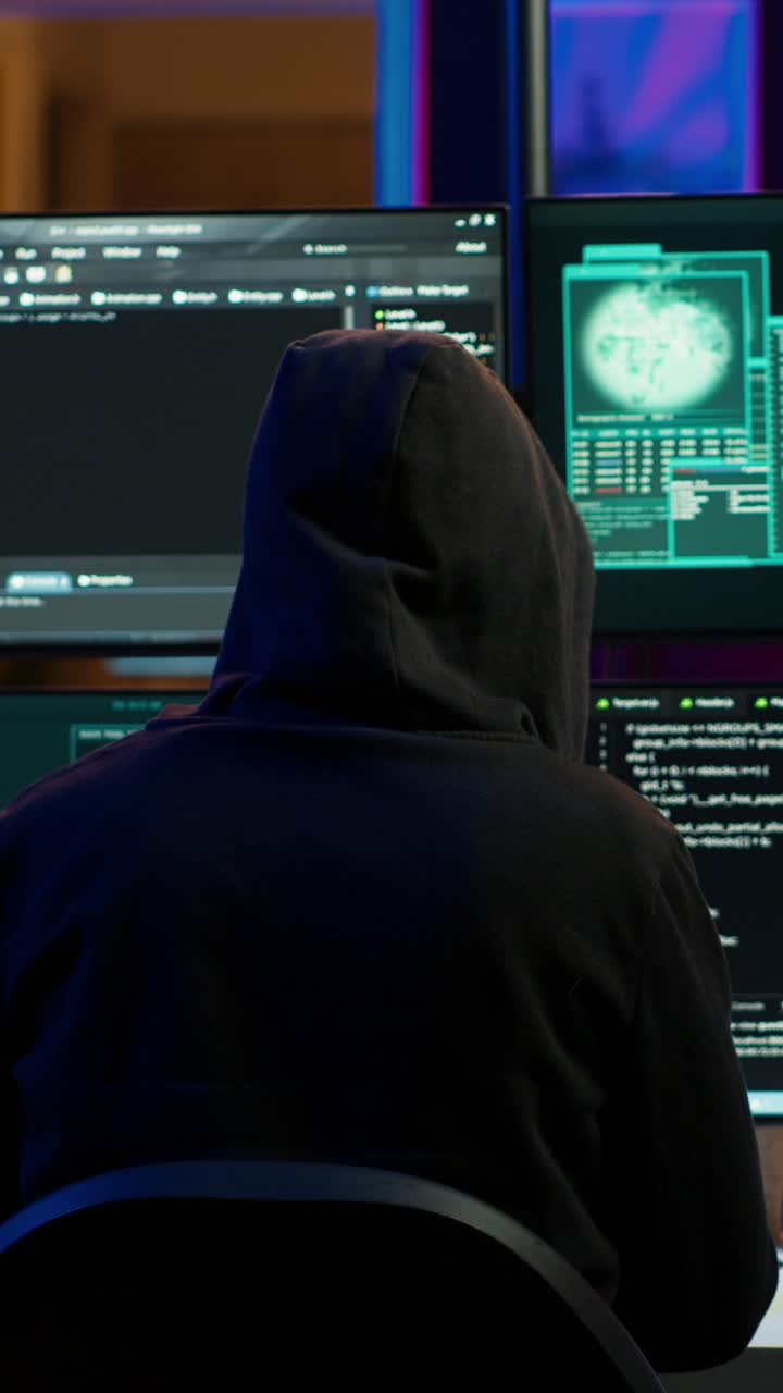 Vertikal video. Ondsindet mand hacker og stjæler kreditkortnumre