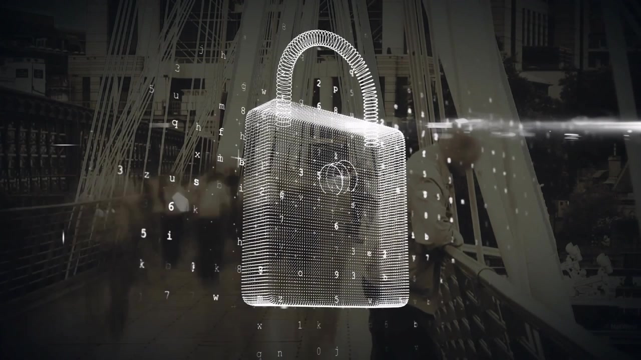 3D wireframe padlock floating over sepia bridge deck, featuring drifting green alphanumeric codes