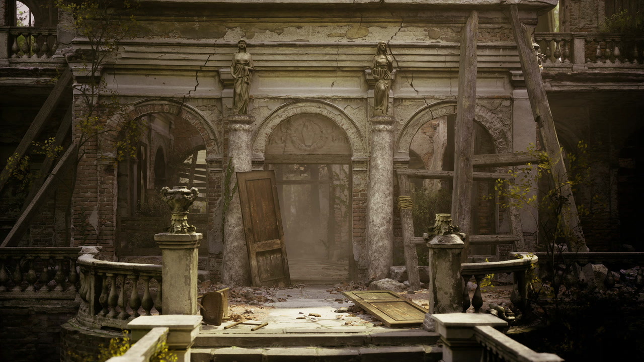 Sunshine enhances decrepit doorway with cracked pillars and moss