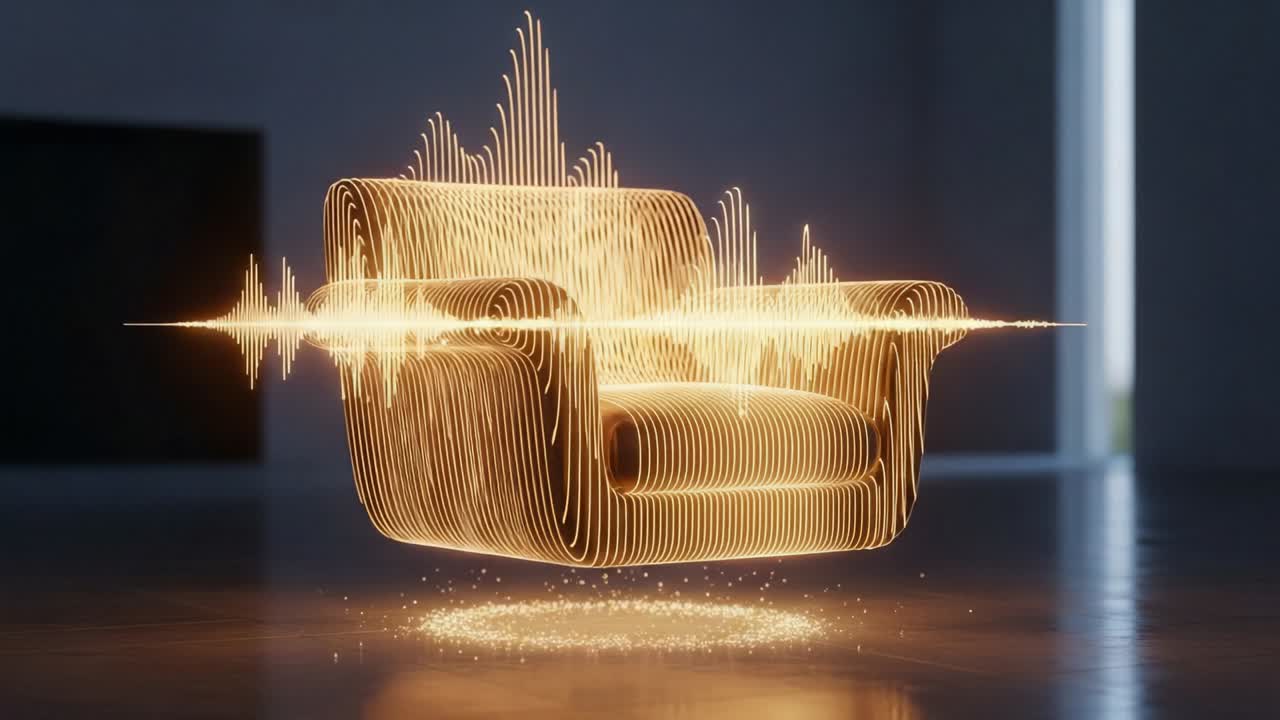 A Visually Stunning Fusion of Comfort and Sound: An Ethereal Chair Surrounded by Vibrant Audio Waveforms, Capturing the Essence of Serenity and Innovation