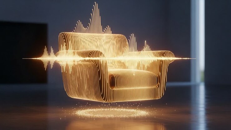 Una fusione visivamente straordinaria di comfort e suono: una sedia eterea circondata da vivaci forme d'onda audio, che cattura l'essenza di serenità e innovazione