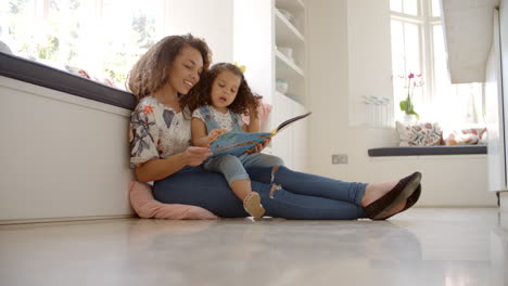 Mutter-Sitzt-Auf-Dem-Boden-Und-Liest-Mit-Ihrer-Tochter-Ein-Buch