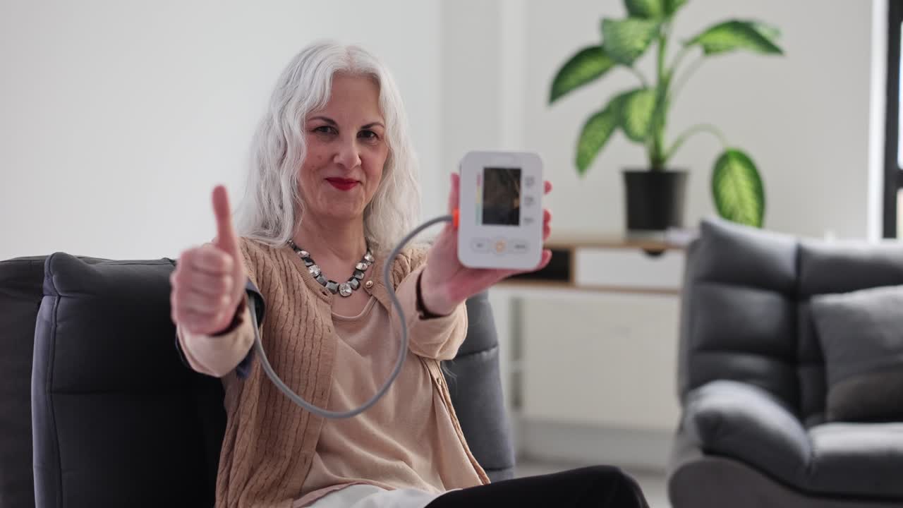 Elderly Woman Giving Thumbs Up While Holding Blood Pressure Monitor