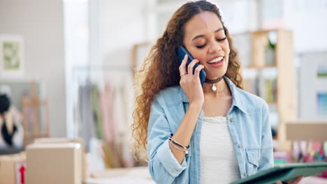woman, boxes and phone call for e commerce