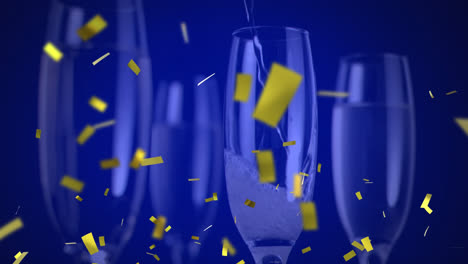 Animation-Von-Goldenem-Konfetti,-Das-über-Champagnergläser-Auf-Blauem-Grund-Fällt