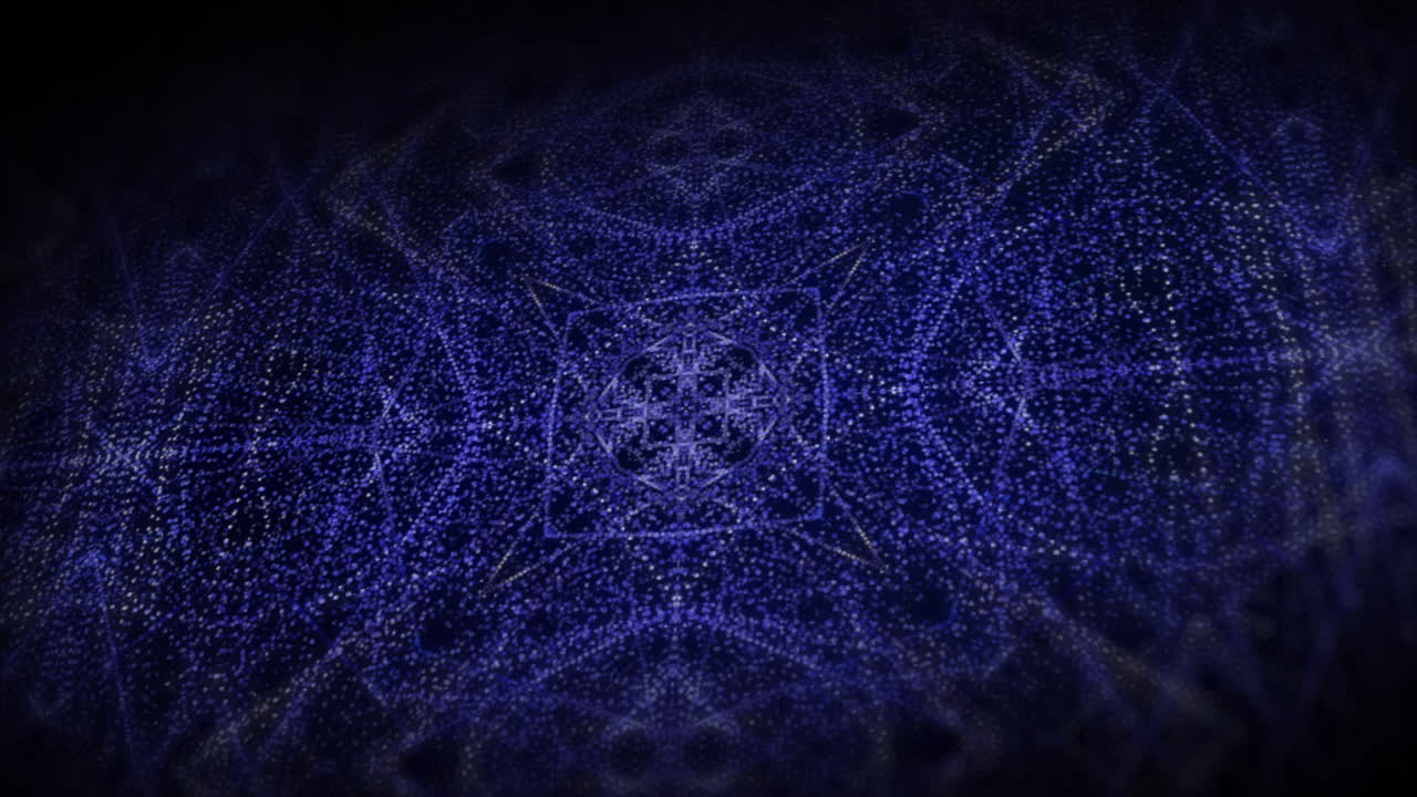 Dark background with glowing neon dots. Looped symmetrical kaleidoscopic animation. Repeating geometric structure.