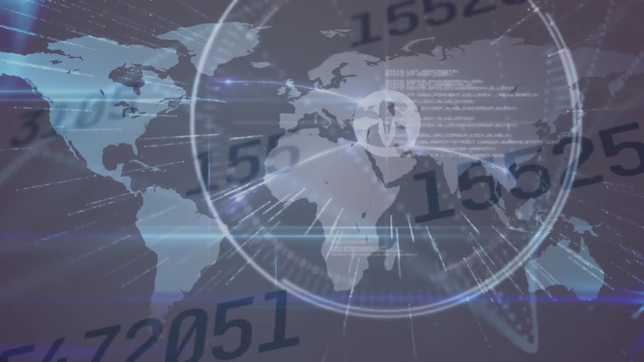 연결 네트워크의 애니메이션, 숫자, 세계 지도를 스캔하는 범위