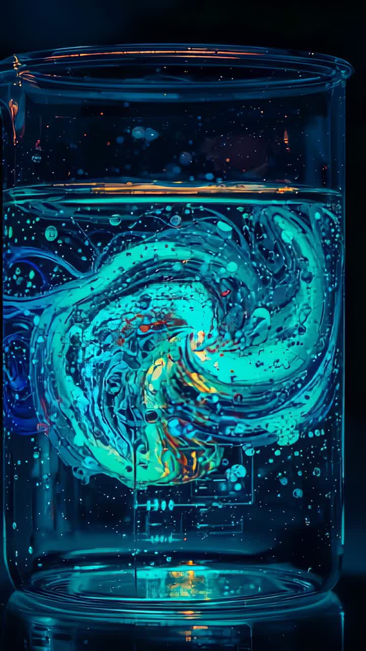 Vertical video: Spinning beaker with glowing teal liquid on bench, lit base powering bubbles