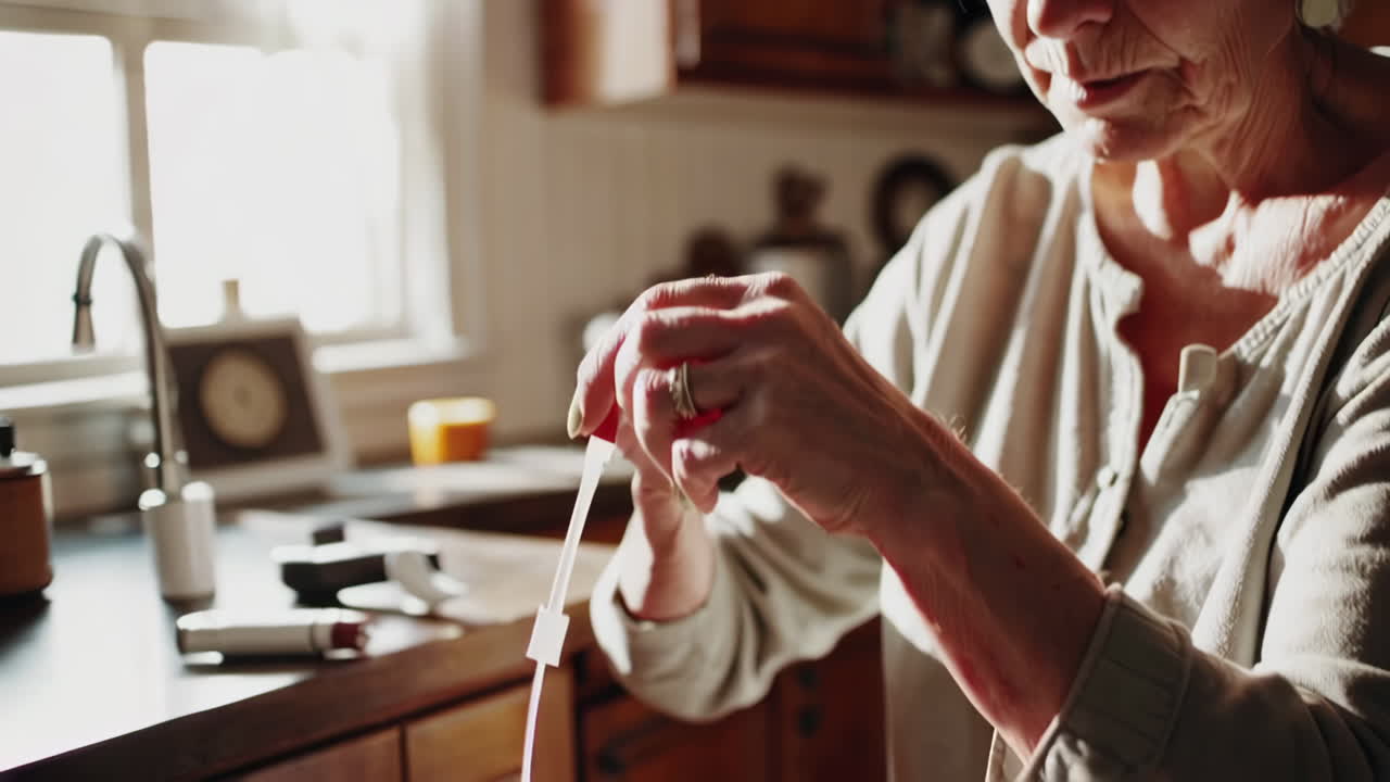 Elderly Woman Taking Medication in Kitchen