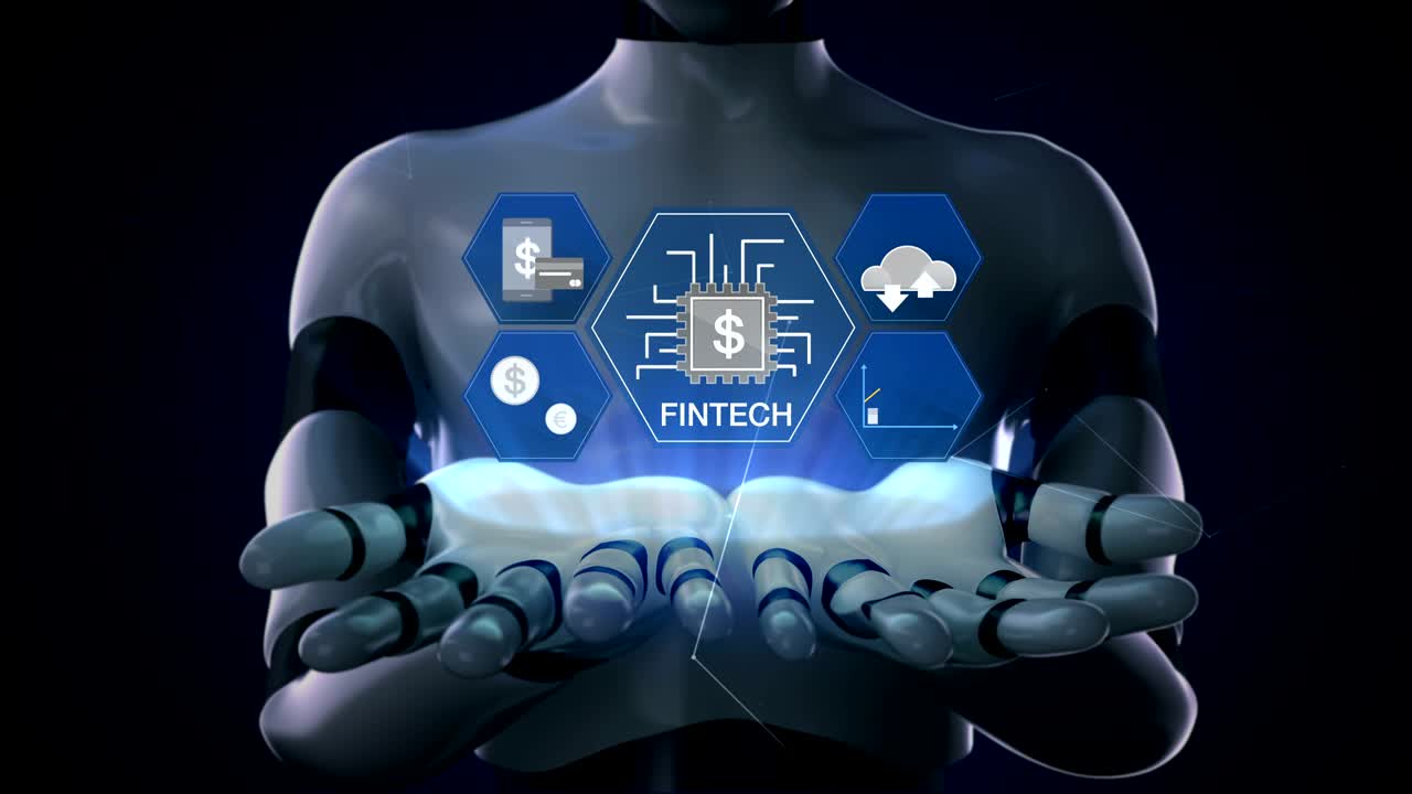 robot, cyborg abrir dos palmas, icono de tecnología financiera, tecnología financiera y varios iconos de información. 4k.2.