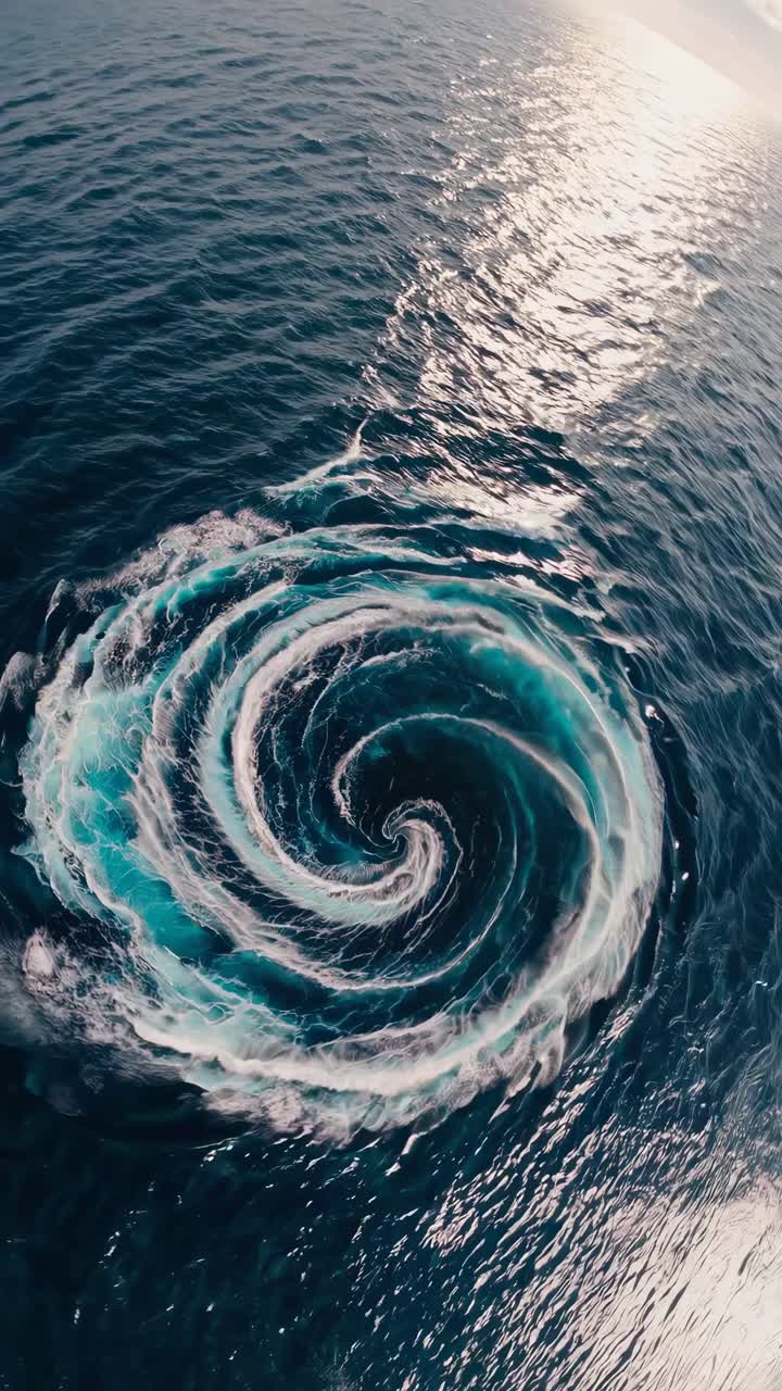 Aerial view of a mesmerizing ocean whirlpool. The swirling water creates a captivating pattern