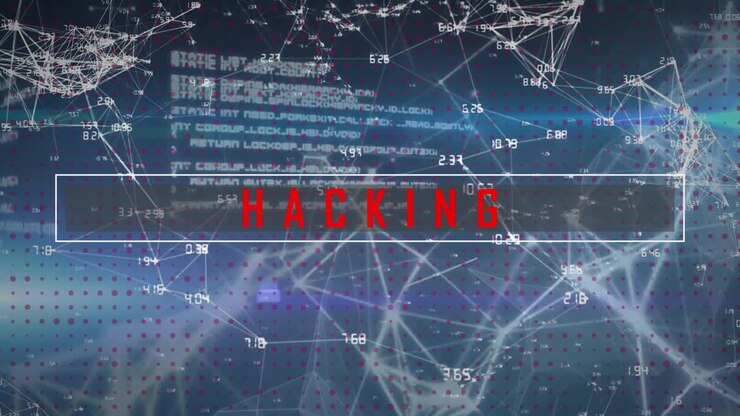 Animazione di testo "hacking" ed elaborazione di dati digitali su connessioni