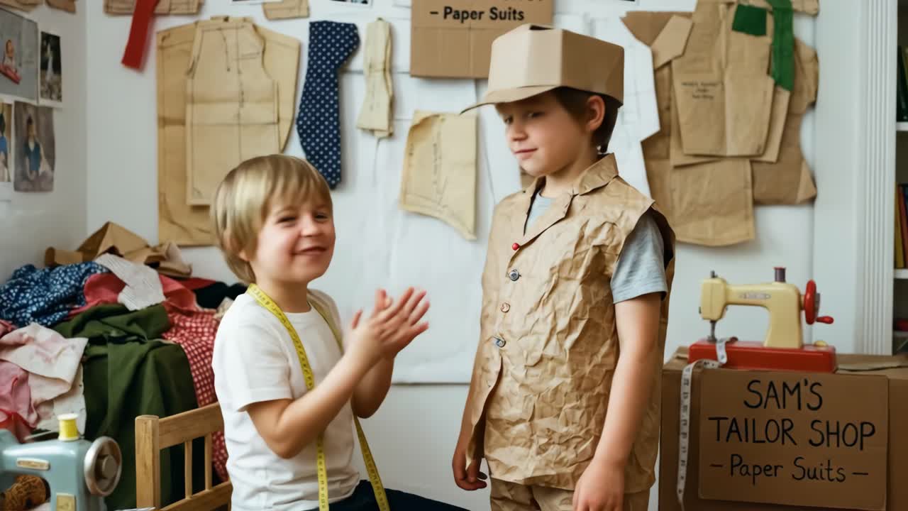 Fröhliche Jungen, die sich in einer kreativen Papierschneiderei verkleiden