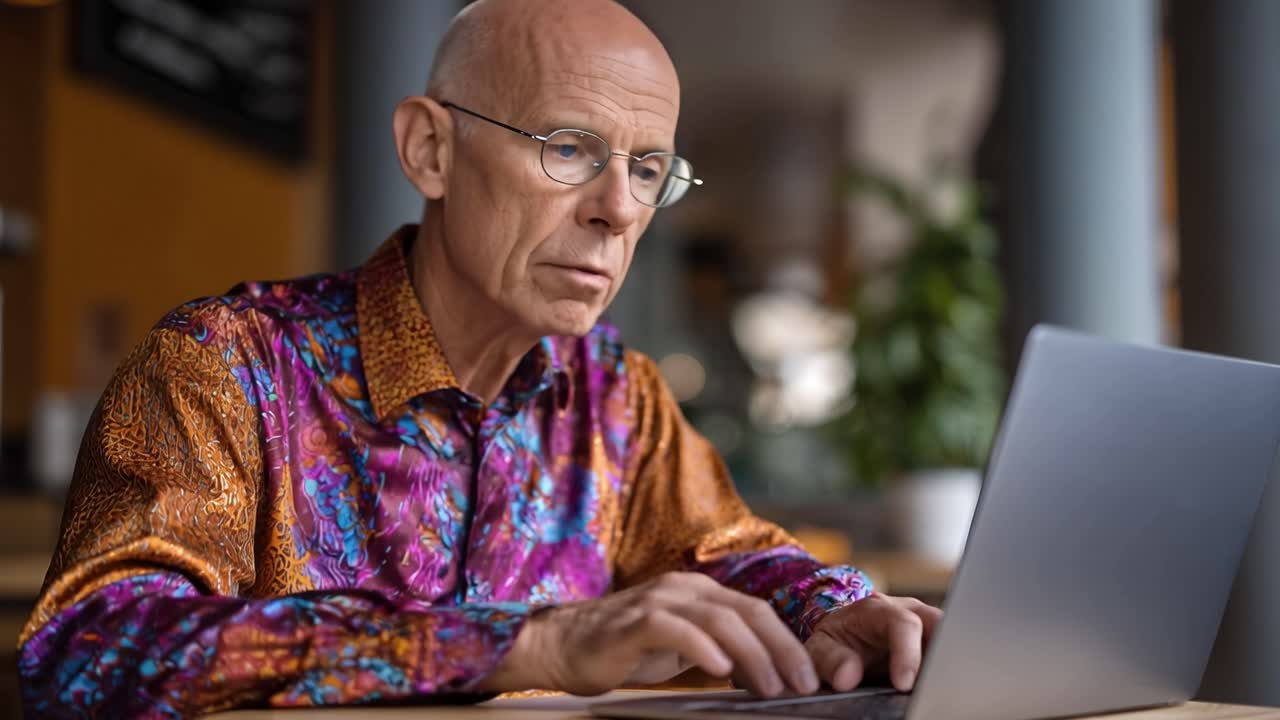 Bald man with glasses focuses on laptop screen. He wears a colorful, patterned shirt. Fingers move over keyboard as he types. Warm indoor setting with soft lighting. Ideal for themes of aging