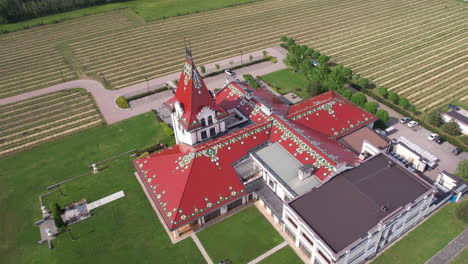 drone shot of traditional winery building and vineyard in landscape of vojvodina serbia