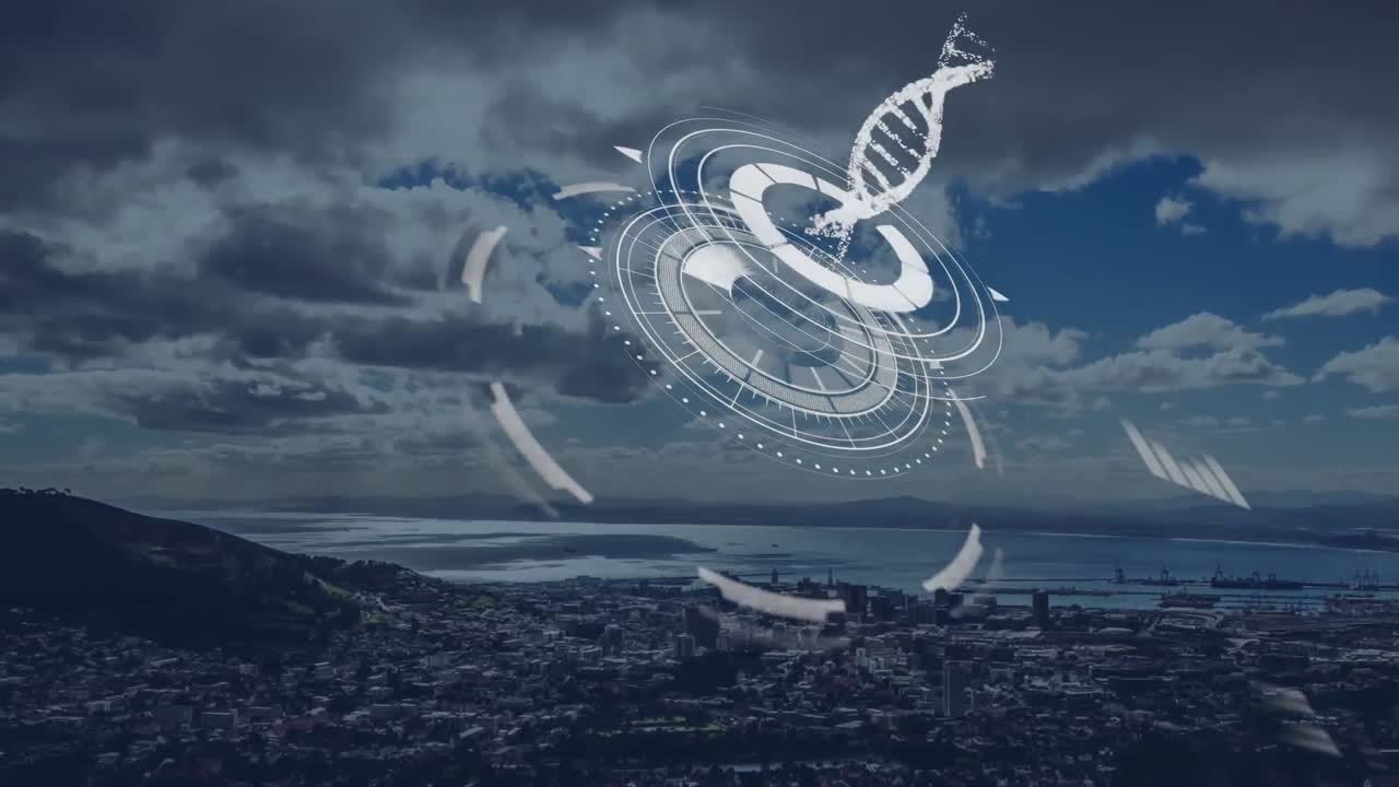 animación de la hélice de adn en círculos de carga, vista aérea de la ciudad, las montañas y el mar contra un cielo nublado