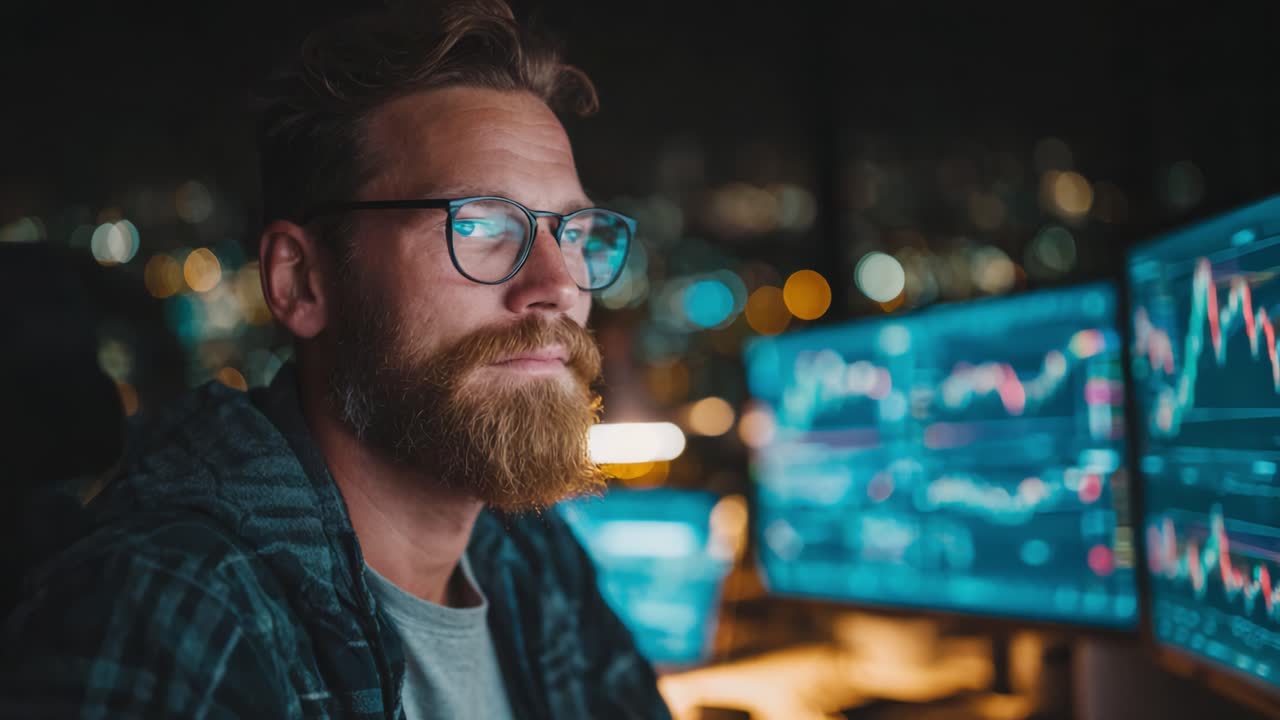 Focused man analyzing financial data on multiple screens during nighttime, with vibrant graphs and charts illuminating the room, showcasing concentration and modern technology