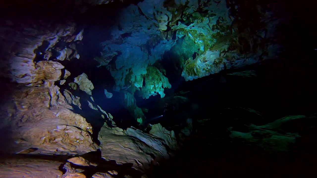 Diving through a dark underwater cave 30 fps