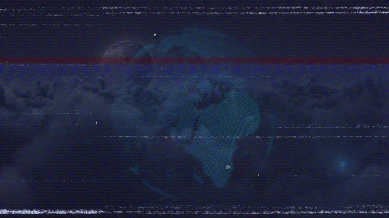 Animation of globe and moon with digital glitch effect in cloudy night sky