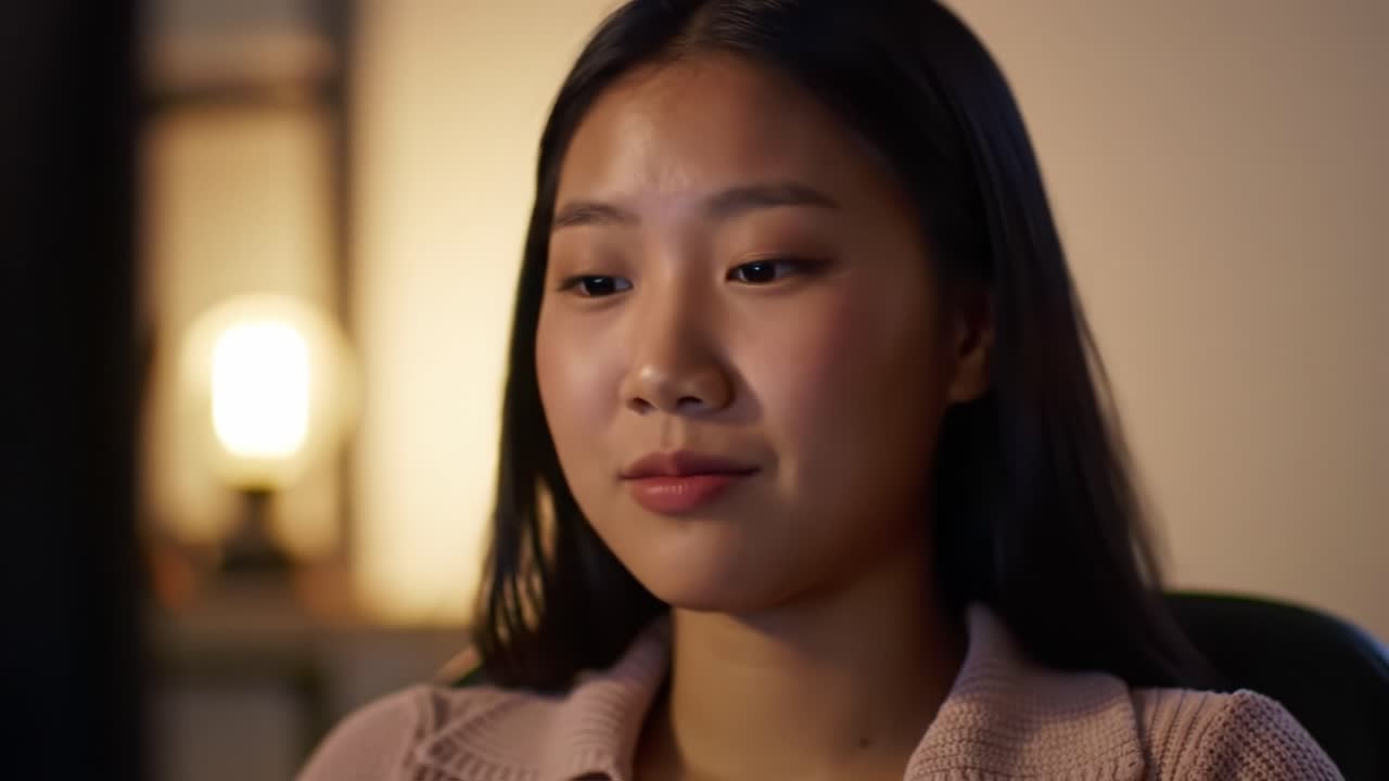 A young woman sits at a desk, concentrating deeply on her work amid soft lighting. The cozy ambiance creates a peaceful environment late at night, enhancing her focus.