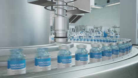 panning view vaccine mass production in laboratory, 3d rendering vaccine bottle packing, machine puts bottle caps on ampoules moving on pharmaceutical conveyor belt in research lab long right cyclic