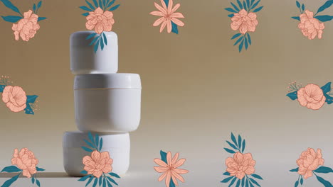 animation of frame of flowers with stack of white tubs and copy space over brown background