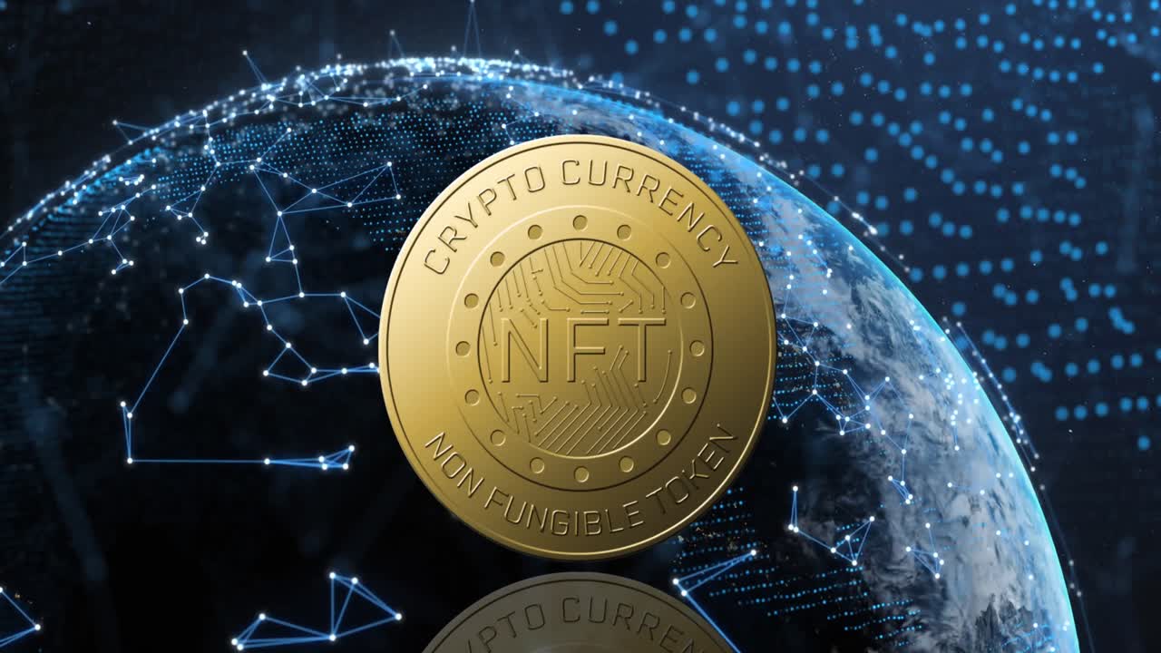 animación del texto nft en moneda de oro y red de conexiones sobre fondo oscuro