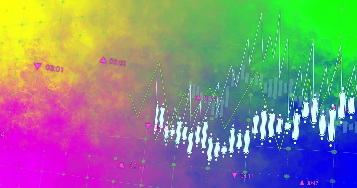 Afspelen vordert, witte kaarsen en gekartelde lijnen strekken zich uit en pieken, wat markttrends visualiseert.