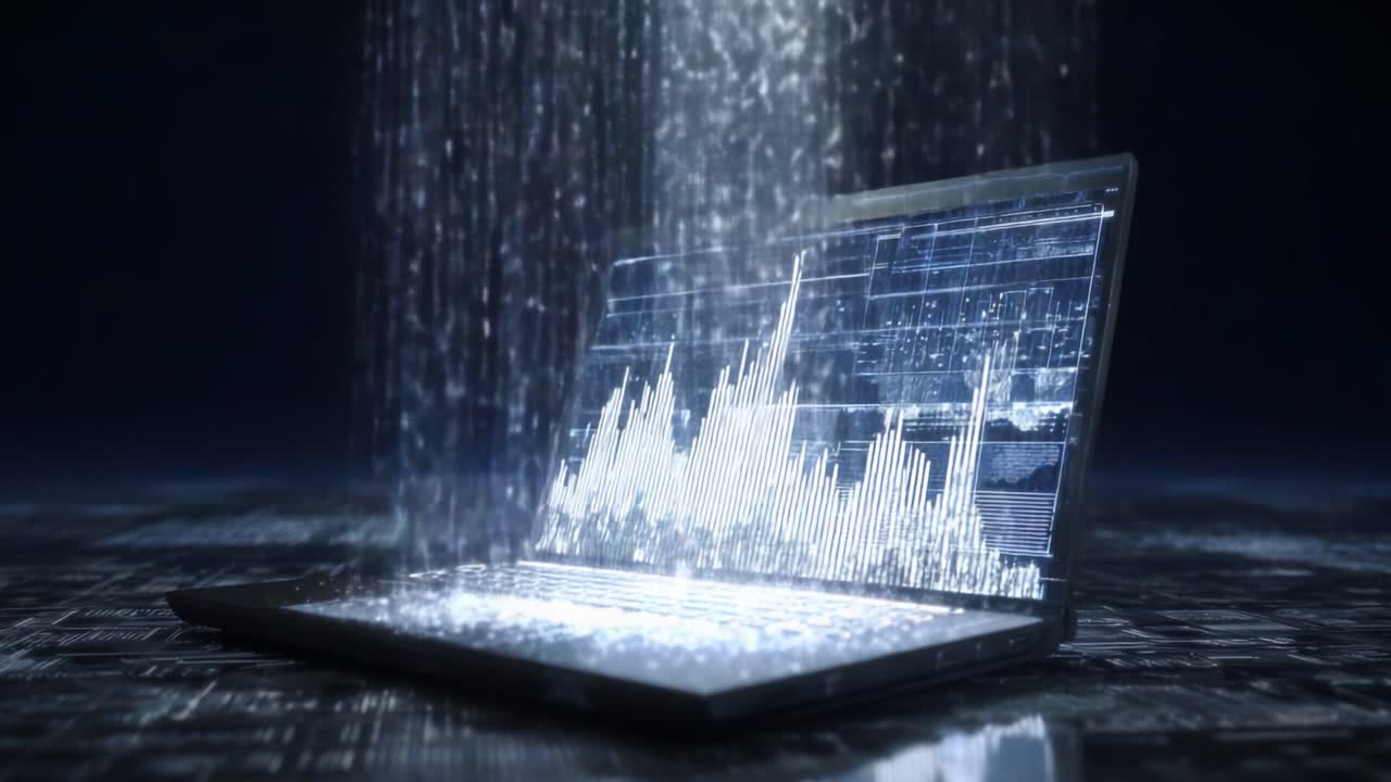 Dynamic Visualization of Data Streams: A Computer Displaying Flowing Graphs and Trends in a Dark Environment, Depicting the Intersection of Technology and Data Analysis