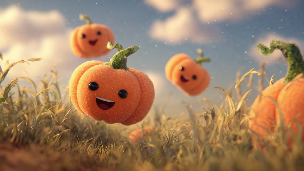 Whimsical Floating Pumpkins Bring Joy to the Harvest Field as They Cheerfully Hover Among the Lush Grass Under a Beautiful Cloudy Sky in this Enchanting Scene