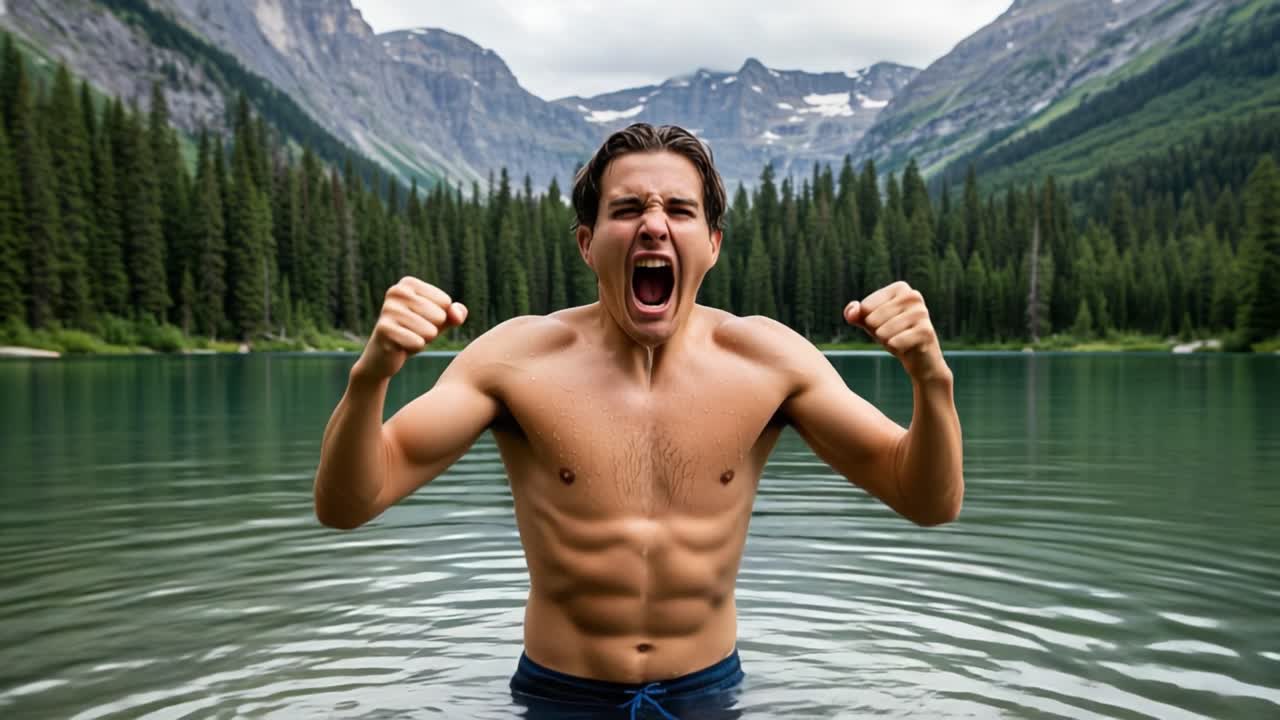 A Young Man Expresses Intense Emotion While Standing in a Serene Lake Surrounded by Majestic Mountains and Lush Forest, Capturing a Moment of Pure Passion and Energy