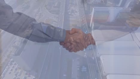 Animation-of-businessman-handshake-over-cityscape