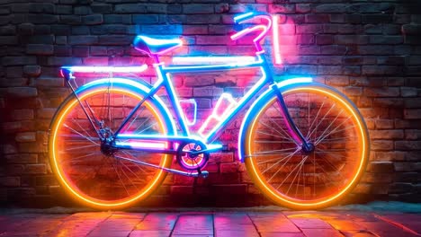 a bicycle leaning against a brick wall with neon lights