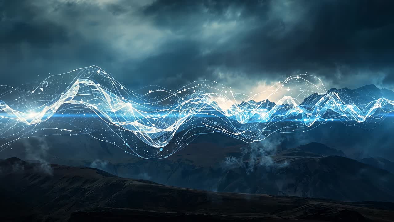 Emerging digital waveform sweeping across stormy mountain ridge, pulsing particles for data flow