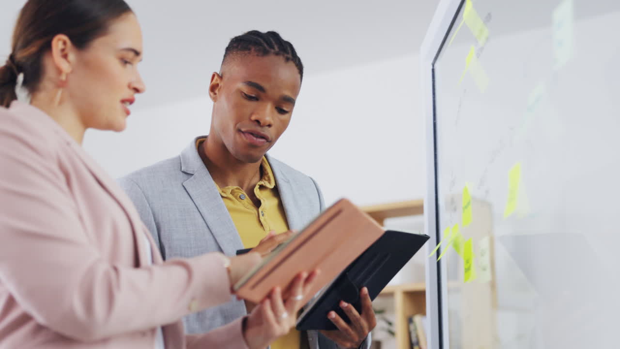 Board, tablet and business team collaboration