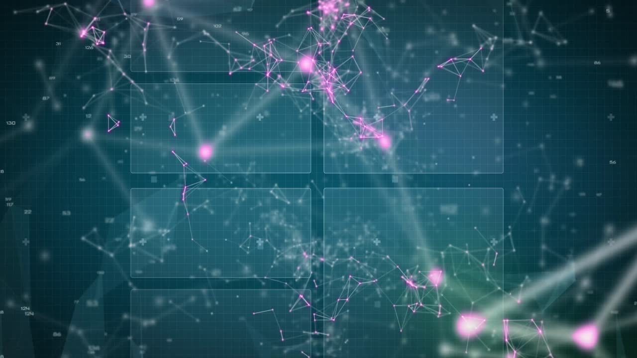 Animation of colourful qr codes over communication network and data processing charts on interface
