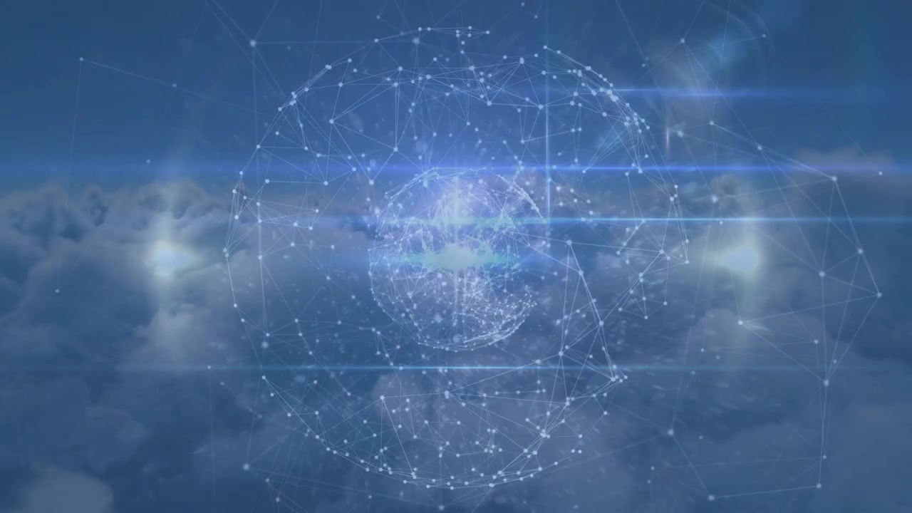 Globe of network of connections spinning over clouds in the sky