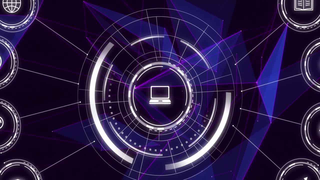 animación de iconos educativos a través de una red de conexiones en fondo oscuro