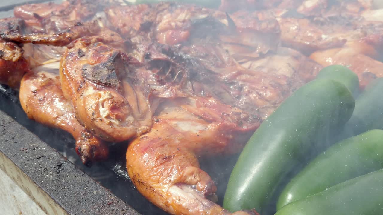 Juicy BBQ chicken grill with smoke in outdoor setting, savory cooking