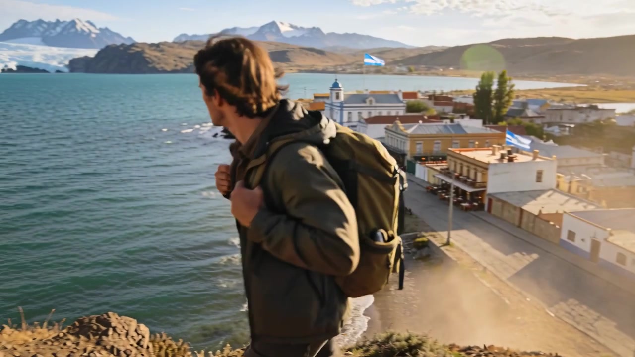 Excursionista alcanzando la cresta, con chaqueta verde oliva, ajustando las correas de una mochila verde oliva, contemplando la bahía, con espacio para texto.