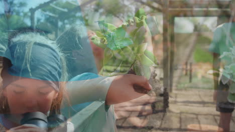 in school, children holding small plant and exploring nature with binoculars