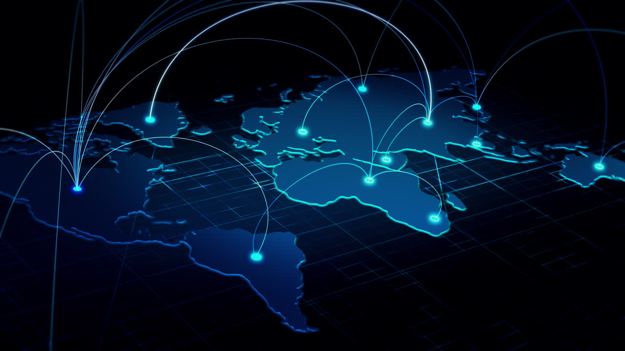 Global business network concept with connected world map illustrating international trade, corporate communication, digital economy, and cross-border business operations
