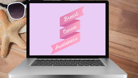 animación del texto de cáncer de mama rosa en la pantalla de una computadora portátil