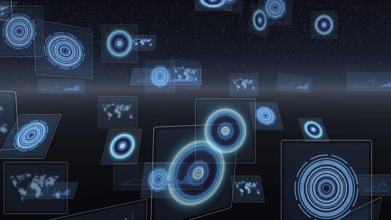 스 ⁇  스캔, 세계 지도, 빛나는 지평선과 함께 전 세계 화면에서 데이터 처리