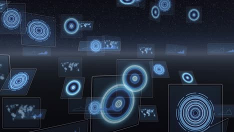 animation of scopes scanning, world map, data processing on screens over globe with glowing horizon