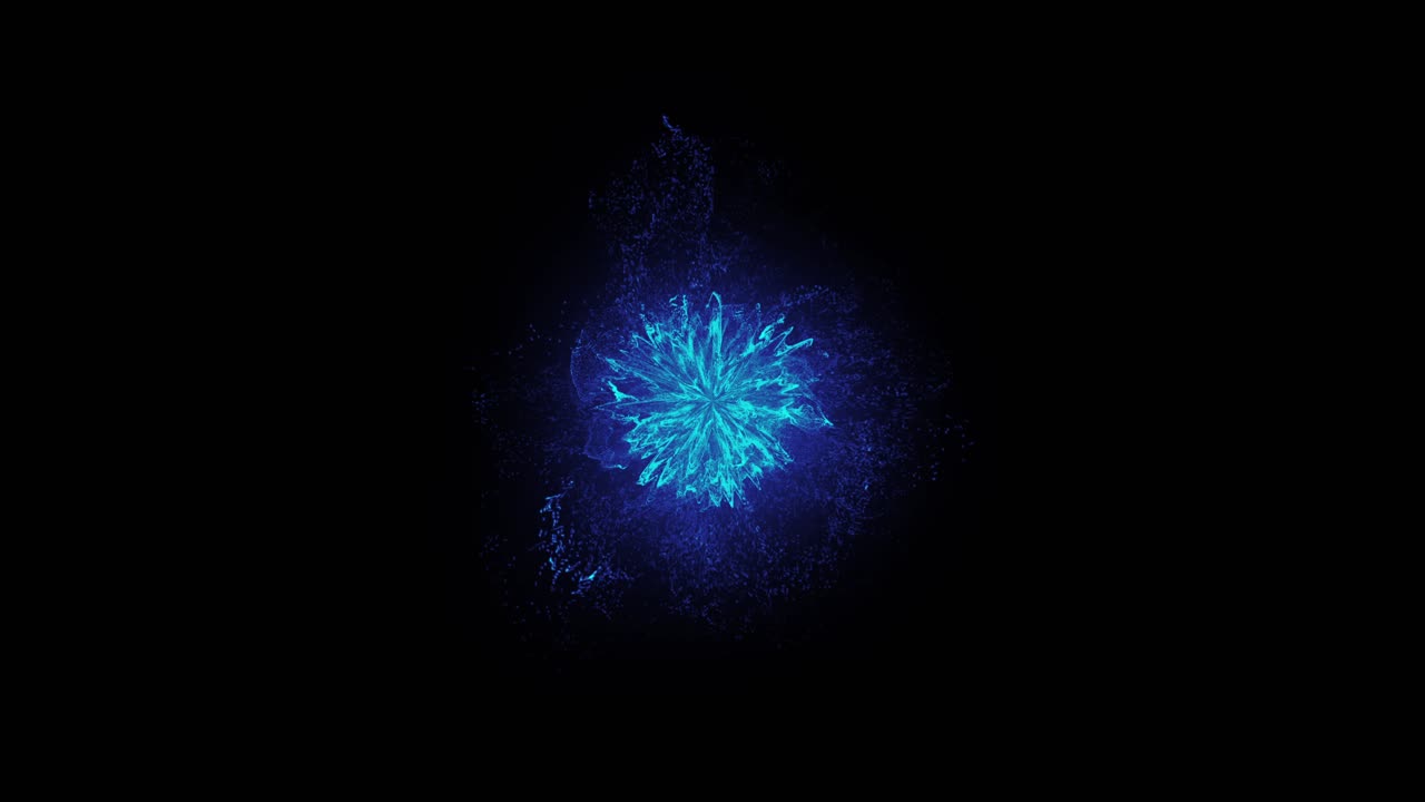 A blue particle shockwave explosion expands and dissipates on a black background. For intros, logos, or abstract energy concepts